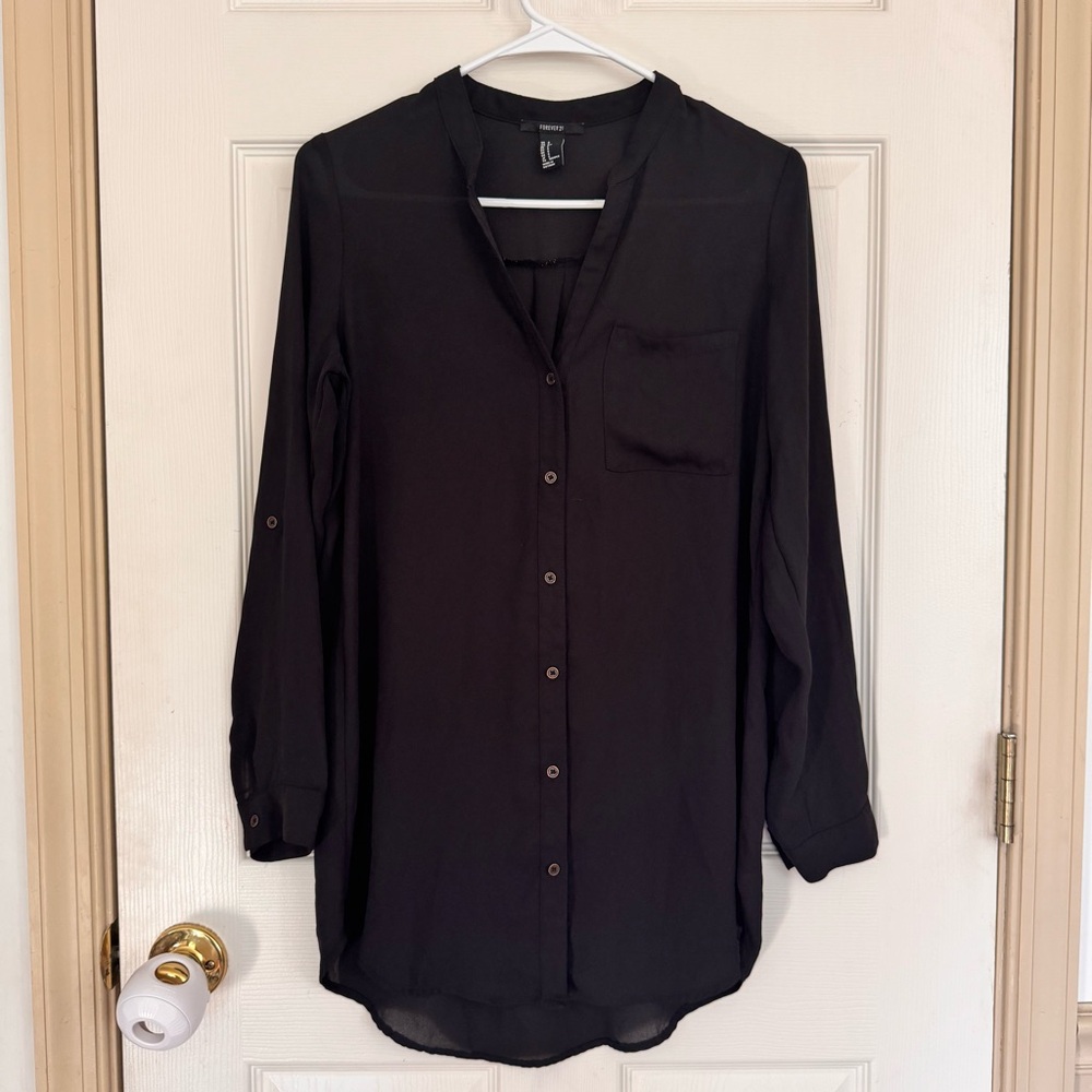 Forever 21 Sheer Button Up Blouse Long Sleeve Size Small Black Roll Tab Sleeve
